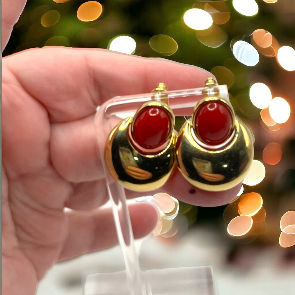 Petite Red and Gold-Tone Doorknocker 1 1/8 Inch Earrings!